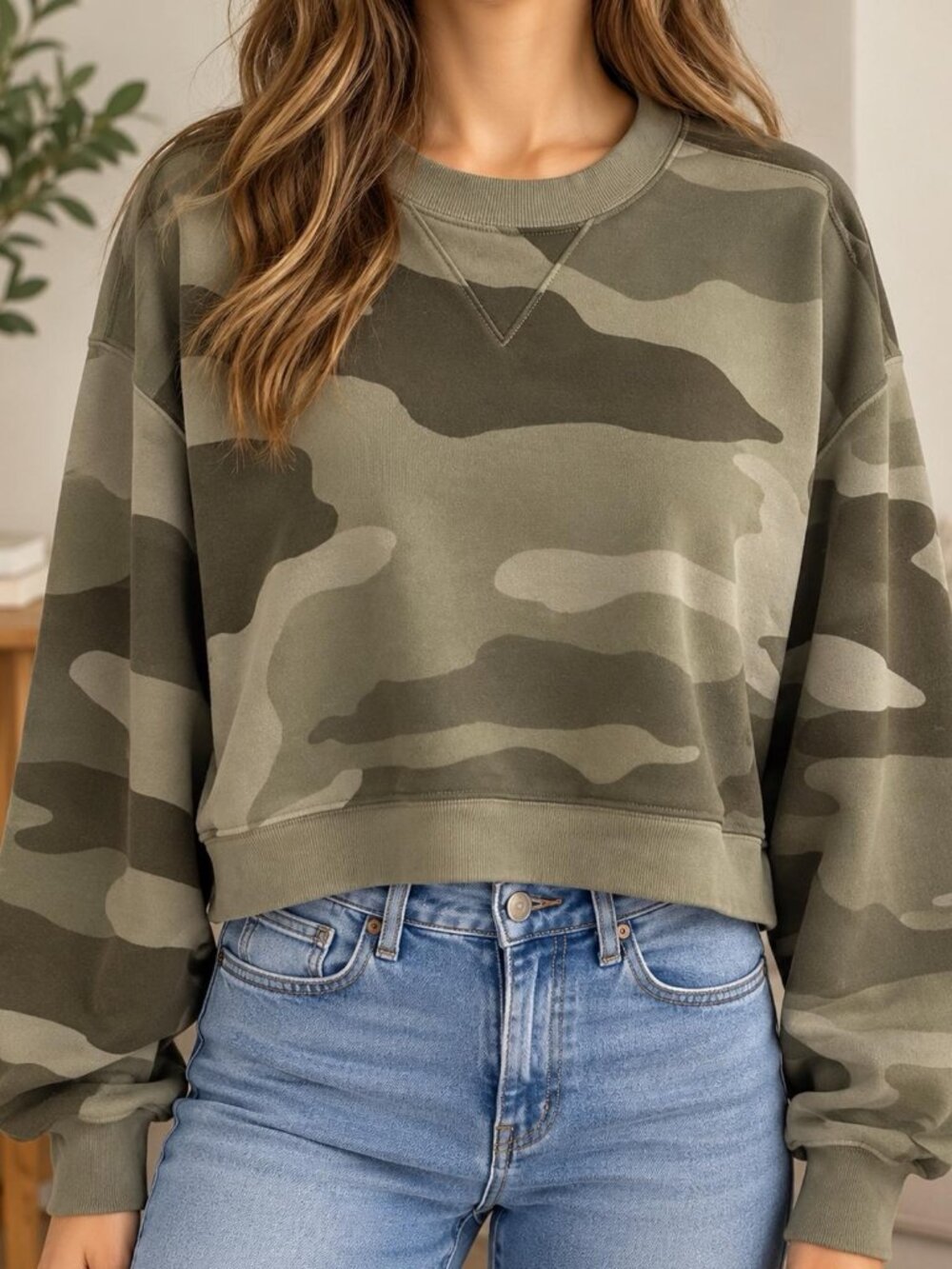 Abercrombie & Fitch Camo Cropped Sweatshirt S Olive Crewneck New